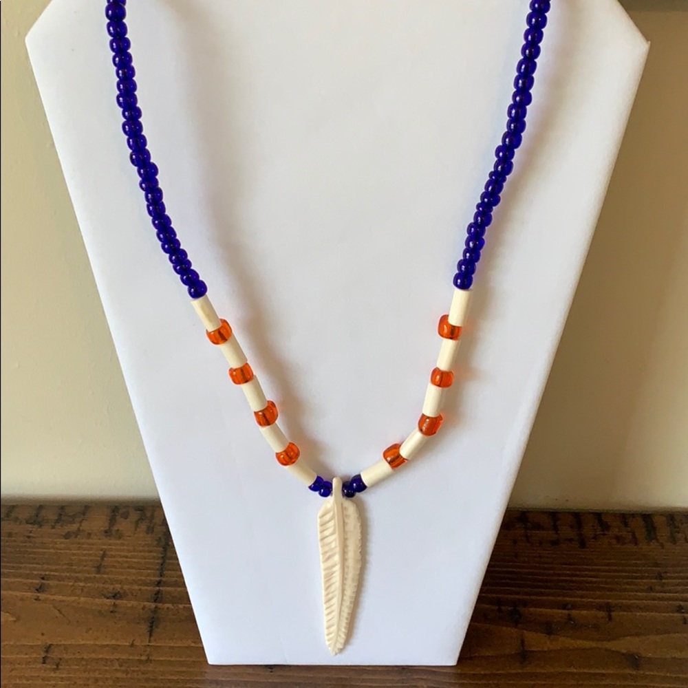 Beaded Patriot Necklace w/ carved feather
